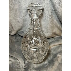 Vintage Cut Crystal Round Decanter w/ Starburst Design & Paneled‎ Stopper